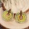 Flat Round Alloy Glass Seed Beads Dangle Earrings, with Imitation Leather, Golden, Yellow Green, 65x45mm