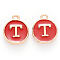 Golden Plated Alloy Enamel Charms, Cadmium Free & Lead Free, Enamelled Sequins, Flat Round with Letter, Red, Letter.T, 14x12x2mm, Hole: 1.5mm
