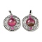 Natural Banded Agate Dyed Pendants, Rack Plating Brass Hollow Flat Round Charms, Cadmium Free & Lead Free, Platinum, 36.5x33x9.5mm, Hole: 7.5x5mm
