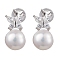 Natural Pearl Ear Studs, with Sterling Silver Micro Pave Cubic Zirconia Findings, Butterfly & Round, Platinum, 15x8mm