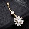 Brass Cubic Zirconia Navel Ring, Belly Rings, with 304 Stainless Steel Bar, Cadmium Free & Lead Free, Real 18K Gold Plated, Daisy, Clear, 45x17mm, Bar: 15 Gauge(1.5mm), Bar Length: 3/8