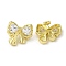 Brass Stud Earrings, with Clear Cubic Zirconia for Women, Heart with Bowknot, Real 18K Gold Plated, 23x25.5mm