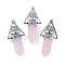 Natural Rose Quartz Faceted Pointed Bullet Big Pendants, Rack Plating Brass Tree of Life Triangle Charms, Platinum, Lead Free & Cadmium Free, 56~57x26.5~27x16.5~17mm, Hole: 6x4mm