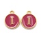 Golden Plated Alloy Enamel Charms, Cadmium Free & Lead Free, Enamelled Sequins, Flat Round with Letter, Camellia, Letter.I, 14x12x2mm, Hole: 1.5mm