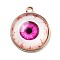 Halloween Theme Glass Pendants, with Golden Alloy Findings, Flat Round with Evil Eye, Fuchsia, 23x20x6.5mm, Hole: 2.5mm