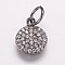 Brass Cubic Zirconia Pendants, Flat Round Charms, Gunmetal, 10x8x2mm, Hole: 3mm