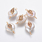 Natural Pearl Links connectors, with Brass Micro Pave Cubic Zirconia Findings, Nuggets with Leaf, Golden, Mixed Color, 22~27x11~14x6~8mm, Hole: 1.6mm