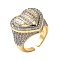 Brass Micro Pave Cubic Zirconia Cuff Rings for Women, Long-Lasting Plated, Cadmium Free & Lead Free, Heart, Real 18K Gold Plated, 19mm