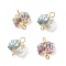 Electroplate Glass Connector Charms, with Golden Tone Brass Double Loops, Lotus Flower, Green Plated, 17~17.5x14x6~6.5mm, Hole: 1.8~3.5mm