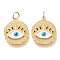 Brass Pendants, with Enamel and Jump Rings, Long-Lasting Plated, Flat Round with Eye, White, Golden, 22.5x19x2mm, Hole: 4.4mm