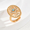 Brass Micro Pave Cubic Zirconia Hollow Geometric Adjustable Finger Rings, Oval with Flower Pattern, Blue, 26x18mm, Inner Diameter: Adjustable
