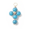 Synthetic Turquoise Copper Wire Wrapped Pendants, Religion Cross Charms, with Brass Beads, Light Gold, 29.5~30x16.5~17x6.5~7mm, Hole: 3.5~4mm