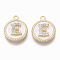 Brass Micro Pave Cubic Zirconia Pendants, with Shell, Flat Round with Letter, Nickel Free, Clear, Creamy White, Real 18K Gold Plated, Letter.E, 17x14x4mm, Hole: 1.8mm