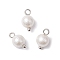 Wrinkle Textured Shell Pearl Round Charms, with Brass Loops, White, Platinum, 10.5x5.5mm, Hole: 2mm