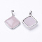 Natural Rose Quartz Pendants, with Brass Findings, Rhombus, Platinum, 25x29x7mm, Hole: 5x7mm, 18x18mm