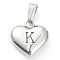 304 Stainless Steel Pendants, Heart with Black Letter, Stainless Steel Color, Letter.K, 16x16x4.5mm, Hole: 7x3mm