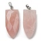 Natural Rose Quartz Pointed Pendants, Faceted Bullet Charms with Platinum Tone 201 Stainless Steel Snap on Bails, 42~42.5x17.5~18.5x8~8.5mm, Hole: 8.2x3mm
