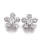 Brass Micro Pave Clear Cubic Zirconia Shank Buttons, Flower, Platinum, 14x9mm, Hole: 3mm