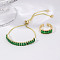 Chic Rectangle Brass Rhinestone Slider Bracelets & Cuff Rings Sets for Daily Wear, Green
