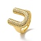 Letter Brass Micro Pave Clear Cubic Zirconia Open Cuff Ring for Women, Cadmium Free & Nickel Free & Lead Free, Real 18K Gold Plated, Letter U, 19.5x17mm, US Size 6(16.5mm)
