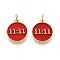 Brass Enamel Pendants, with Jump Ring, Flat Round with 11:11, Real 18K Gold Plated, FireBrick, 16x13.5x2mm, Hole: 3mm