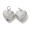 Rack Plating Brass Charms, with Jump Ring, Cadmium Free & Lead Free, Long-Lasting Plated, Puffed Heart Charm, Textured, Platinum, 13x11x5.5mm, Hole: 3.8mm