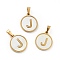 PVD Vacuum Plating 304 Stainless Steel with White Shell Pendants, Golden, Flat Round with Letter Charm, Letter.J, 18x16x1.5mm, Hole: 3x6mm