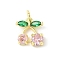 Brass Micro Pave Cubic Zirconia Pendants, Cherry Charms, Long-Lasting Plated, Cadmium Free & Lead Free, Rack Plating, Real 18K Gold Plated, with Jump Ring, Pink, 12.5x11.5x4mm, Hole: 3mm