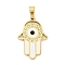 304 Stainless Steel Charms, with Rhinestone and Enamel, Real 18K Gold Plated, Evil Eye Charm, Hamsa Hand, White, 28x19.5x2mm, Hole: 6x4mm