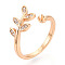 Leaf Shape Brass Micro Pave Clear Cubic Zirconia Cup Peg Ring Settings, Cuff Ring Settings for Half Drilled Beads, Cadmium Free & Nickel Free & Lead Free, Real 18K Gold Plated, 12~12.5mm, Inner Diameter: 18mm