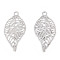 Rack Plating Brass Filigree Pendants, Long-Lasting Plated, Leaf Charms, Cadmium Free & Nickel Free & Lead Free, Platinum, 19x10x0.4mm, Hole: 1mm