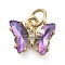 Brass Micro Pave Clear Cubic Zirconia Pendant, with Glass, Butterfly, Golden, Medium Purple, 11x9.5x3mm, Hole: 3.5mm
