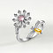 Brass Micro Pave Cubic Zirconia Rotating Cuff Rings for Women, for Calming Worry Meditation, Platinum, Flower, Inner Diameter: 15~20mm