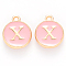 Golden Plated Alloy Enamel Charms, Cadmium Free & Lead Free, Enamelled Sequins, Flat Round with Letter, Pink, Letter.X, 14x12x2mm, Hole: 1.5mm