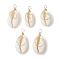5Pcs Natural Cowrie Shell Copper Wire Wrapped Vortex Pendants, Light Gold, Shell Charms, Snow, 20~23x10.5~13x6.5~9mm, Hole: 2.5mm
