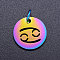 Rainbow Color Ion Plating(IP) 201 Stainless Steel Charms, with Jump Rings, Flat Round with Constellation/Zodiac Sign, Cancer, 12x1mm, Jump Ring: 5x0.8mm, Inner Diameter: 3mm