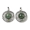 Natural Green Aventurine Pendants, Rack Plating Brass Hollow Flat Round Charms, Cadmium Free & Lead Free, Platinum, 36.5x33x9.5mm, Hole: 7.5x5mm
