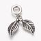 304 Stainless Steel European Dangle Charms, Large Hole Pendants, Leaf, Antique Silver, 31mm, Hole: 5mm, Pendant: 18x10x3.5mm