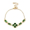 Cubic Zirconia Rectangle & Clover Link Bracelet, with Ion Plating(IP) Golden 304 Stainless Steel Curb Chains, Dark Green, 6-5/8 inch(16.8cm)