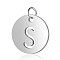 Non-Tarnish 304 Stainless Steel Charms, Flat Round with Letter, Stainless Steel Color, Letter.S, 12x1mm, Hole: 2.5mm