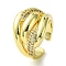 Brass Micro Pave Cubic Zirconia Open Cuff Rings, Cadmium Free & Lead Free, Hollow, Real 16K Gold Plated, US Size 7 1/2(17.7mm)