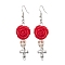 Resin and Synthetic Turquoise Pendants Earrings, with Brass Findings, Halloween Rose Skull, Red, 69x18mm