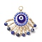 Faceted Natural Lapis Lazuli & Handmade Lampwork Beaded Pendants, Evil Eye Charms with Jump Rings, Golden, 24x28x8mm, Hole: 2.8mm