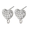 Brass Micro Pave Cubic Zirconia Stud Earring Findings, Cadmium Free & Lead Free, Long-Lasting Plated, Rack Plating, Heart Charms, Platinum, 12x10mm, Hole: 1.8mm, Pin: 0.8mm