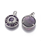 Natural Amethyst Pendants, with Brass Findings, Flat Round with Sun and Moon, Platinum, 32x27~27.5x7~7.5mm, Hole: 4x6mm