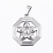 Non-Tarnish 304 Stainless Steel Pendants, Octagon with Flower, Stainless Steel Color, 29.5x25.5x3mm, Hole: 3.5x8mm