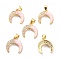 Real 18K Gold Plated Brass Micro Pave Clear Cubic Zirconia Pendants, with Shell Filled in Enamel, Long-Lasting Plated, Double Horn/Crescent Moon, Pink, 16x15x3.5mm, Hole: 4.5x3.5mm