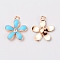 Zinc Alloy Enamel Flower Pendant, with Crystal Rhinestone, Light Gold, Cyan, 20.5x18x2.5mm, Hole: 2mm