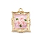 Alloy Enamel Pendants, Rectangle with Flower Charm, with Resin, Pink, 25.5x19x5.5mm, Hole: 2mm