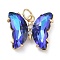 Brass Micro Pave Clear Cubic Zirconia Pendant, with Glass, Butterfly, Golden, Blue, 15x19x4.5mm, Hole: 3.5mm